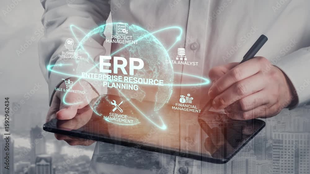 Poster erp platform visual showing centralized system for enterprise resource planning, improving integrati