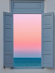 Open window overlooking ocean view at sunset aesthetic dreamy travel destination scene