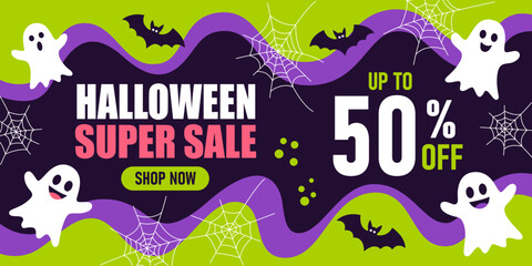 Halloween Promotion sale banner design. Halloween Sale concept. Halloween promotion poster. Halloween Sale poster template with ghost. Halloween spooky night. Halloween discount background. Vector