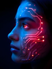 Cyberpunk ai woman portrait with circuit board face glowing neon lights futuristic art