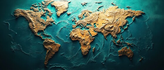High resolution 3 d world map gold relief