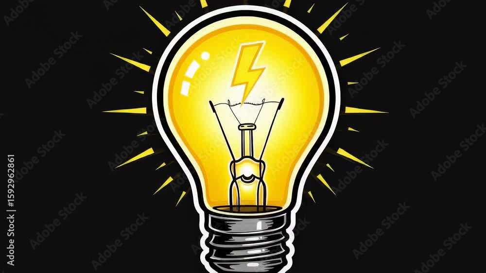 Poster light bulb illumination animation with bright flash representing idea and innovation on black backgr