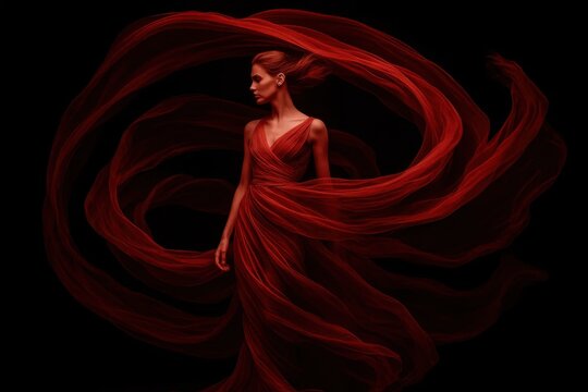 An elegant woman in a vibrant, flowing red dress with dramatic, swirling fabric, isolated on a deep black background, presented as a stunning digital illustration.