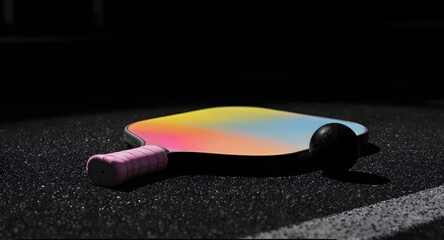 Vibrant Iridescent Pickleball Paddle and Black Ball on Dark Court. Modern Sports Equipment for Paddleball Game and Recreation.
