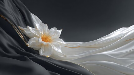 Elegant white flower rests on flowing black and white fabric.