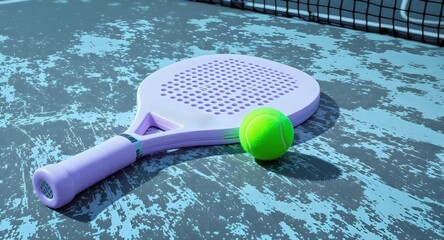 Vibrant Purple Paddle Racket and Neon Green Ball on Textured Court for Modern Padel or Pickleball Sports