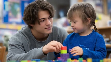 Inclusive classroom scene with a teacher assisting a special needs student using alphabet-shaped building blocks amidst educational posters and tools.