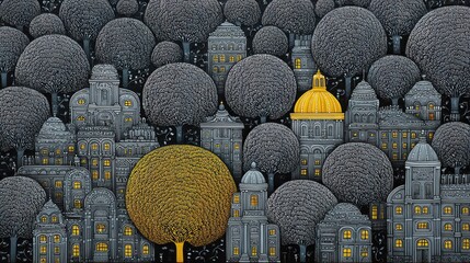 A city nestled within a grove of detailed trees.