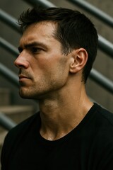 Fototapeta premium Serious young caucasian male outdoors with wet hair