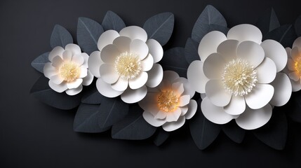 Elegant white paper flowers and dark leaves on a black background.