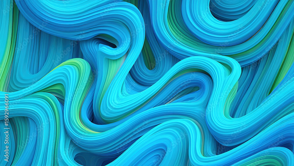 Poster blue 3d scene with abstract background consisting of intertwined, smooth lines and ribbons, abstract