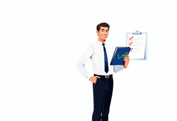 Businessman holding clipboard with checklist and smiling in office  