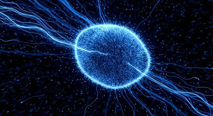 Fototapeta premium Vibrant blue energy sphere with intricate glowing tendrils representing data flow or neural networks in an abstract, futuristic concept for Light & Energy as Texture.