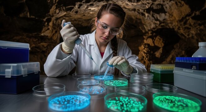Young caucasian female scientist conducting fluorescent microbial research in laboratory