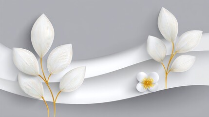 Elegant white leaves and flower design on a grey background.