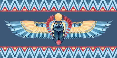 Scarab beetle with wings banner. Egyptian ancient ornament. Geometric patterns, watercolor illustration isolated on blue background. Religion icon for souvenirs merchandise, postcards, packaging