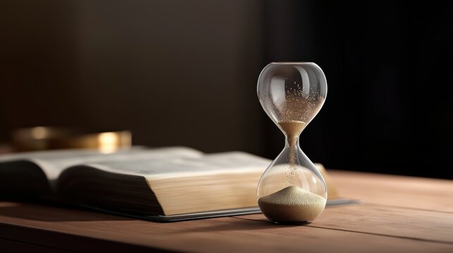 A photorealistic image of an elegant hourglass with slowly flowing fine sand is placed on a wooden table next to an open Bible, while soft, warm lighting casts subtle shadows.