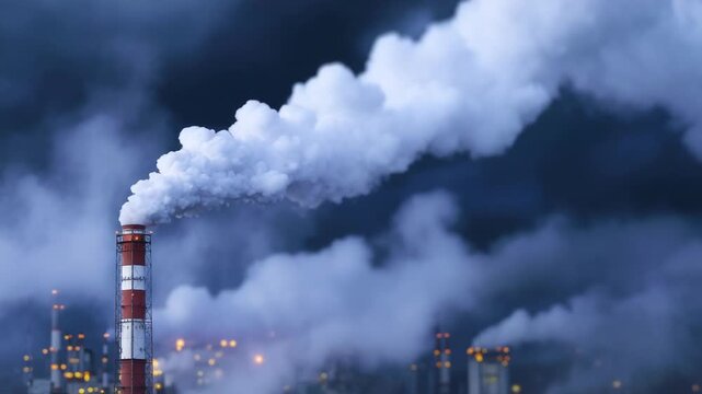 A towering factory chimney emits dark smoke, symbolizing unchecked industrial pollution against a clouded sky.