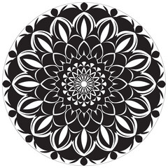 Vector art of a stylized floral mandala with geometric patterns in black and white