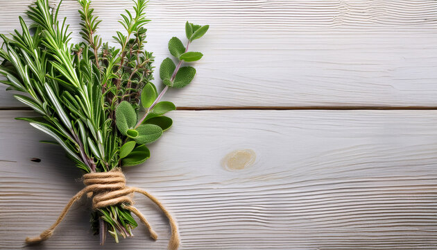 fresh culinary herbs bundle including rosemary thyme and sage tied with rustic twine on light wooden surface with copy space for natural food or cooking themes