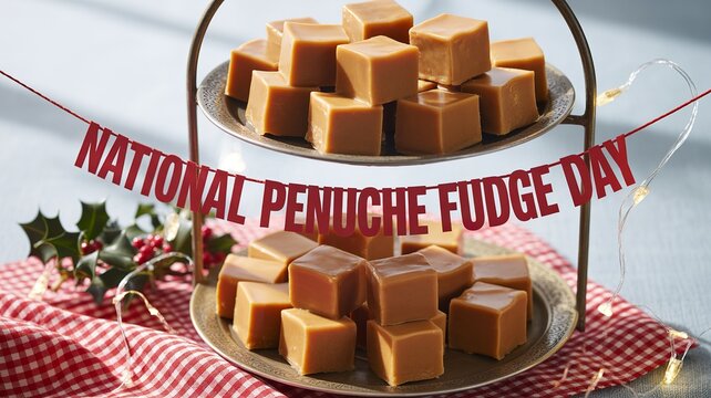 National Penuche Fudge Day, Gourmet fudge cubes arranged beautifully with caramel and mint garnish.