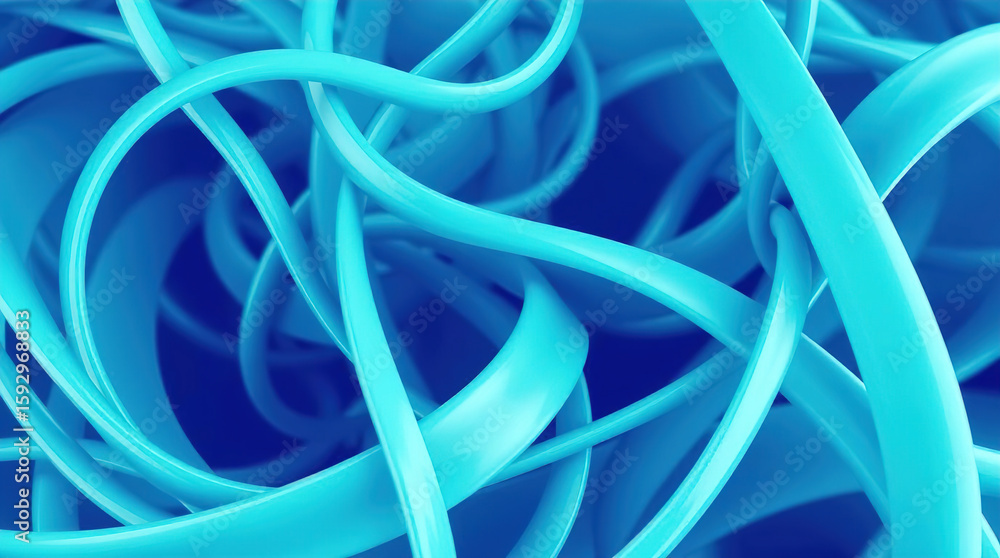 Poster blue 3d scene with abstract background consisting of intertwined, smooth lines and ribbons, abstract