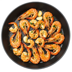 Roast Prawns Shrimps in a pan with herbs and garlic. Isolated, transparent background. Top view
