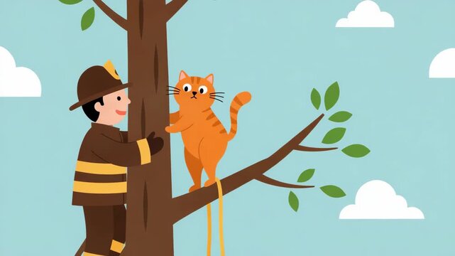 Firefighter Rescuing Orange Cat from Tree - Powered by Adobe