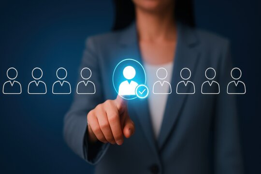 Businesswoman selects a candidate icon from a row of avatars. One profile is highlighted with a checkmark. Modern UI style, blue tones, symbolizing recruitment and HR technology