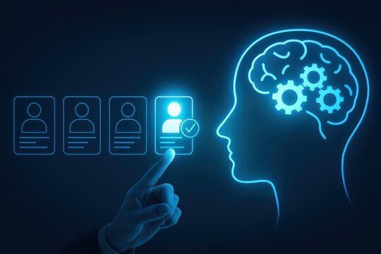 Futuristic concept of artificial intelligence selecting a job candidate. Glowing human brain with gears, digital profiles, and finger pressing virtual interface. Blue tech design, HR automation