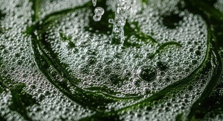 Close-up of bubbling water on vibrant dark green seaweed texture