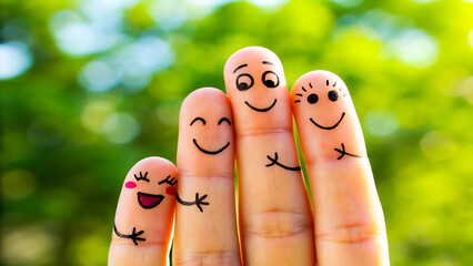 Happy family of fingers with smiley faces enjoying a sunny day outdoors
