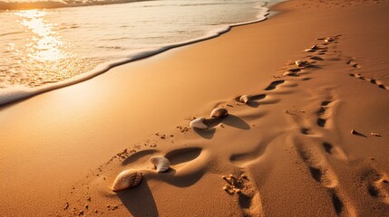 Footprints in the sand with a pair of flip-flops and seashells, golden hour lighting 