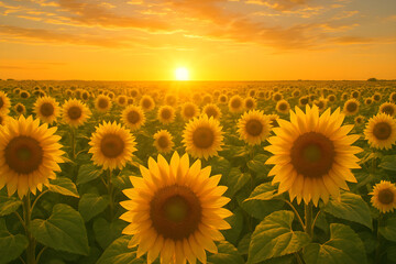 Fototapeta premium Field of Sunflowers Facing the Rising Sun - Golden Light and Joyful Landscape