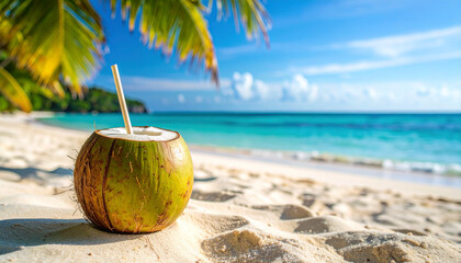 Água de coco gelada na areia da praia, à sombra de folhas de palmeira com o oceano ao fundo.