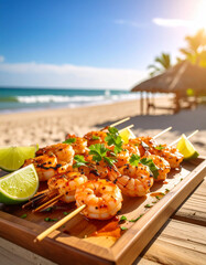 Grilled shrimp skewers with fresh lime wedges and spicy sauce on a rustic tray at the beach.