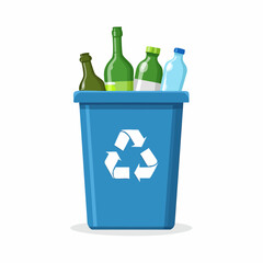Recycling bin with bottles &ndash; Blue bin half-filled with plastic and glass.
