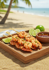 Grilled shrimp skewers with fresh lime wedges and spicy sauce on a rustic tray at the beach.