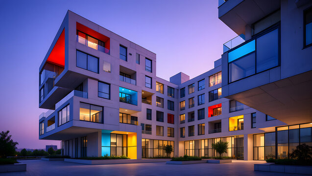 Modern Architectural Design: Twilight-lit Concrete Apartment Building with Colorful Accents