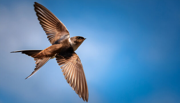 chimney swift ascending a brown bird in mid flight against a sky background
