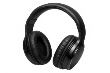 Black wireless headphones floating against transparent backdrop, delivering premium audio performance for music enthusiasts