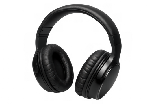 Black wireless headphones floating against transparent backdrop, delivering premium audio performance for music enthusiasts