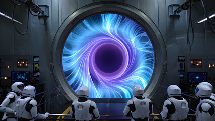 Astronauts in futuristic suits observe a swirling, vibrant energy portal; science fiction, space travel, exploration concept.