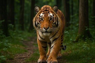 Obraz premium Close-Up of a Majestic Tiger in Its Natural Forest Habitat