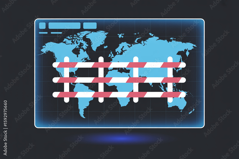 Poster global network security lockdown with digital barrier across world map on futuristic screen
