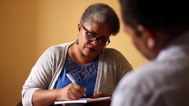 A professional black female therapist listens attentively and takes notes during a counseling session with a male client.