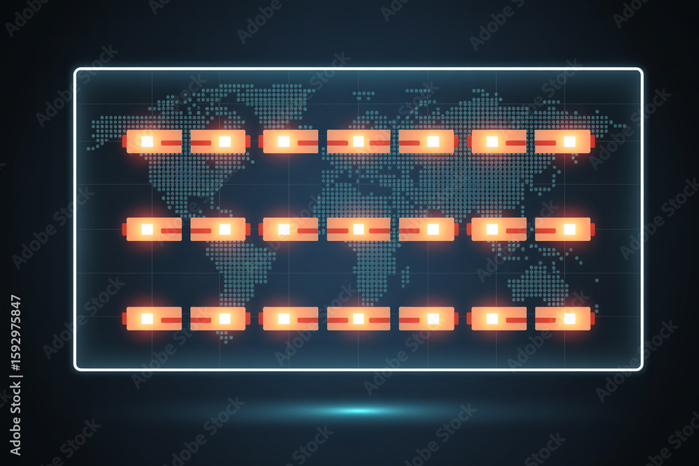 Poster global network data visualization with glowing orange digital bars on a world map background