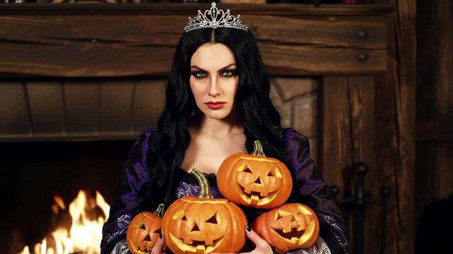 A beautiful evil queen with a tiara holds carved Halloween pumpkins by a fireplace