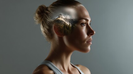 Double exposure portrait of fitness enthusiast with mountain landscape concept