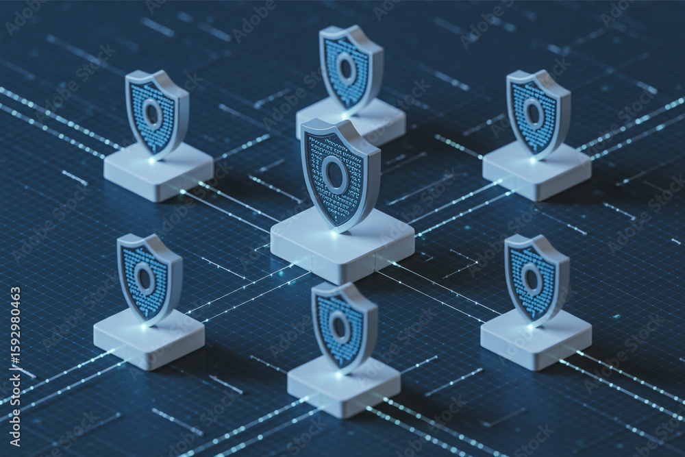 Aufkleber abstract digital network of interconnected security shields representing data protection and cyberse